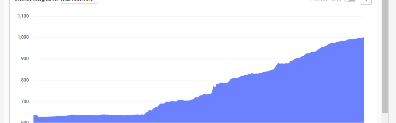 Follower growth chart for Bookedin, rising from roughly 625 to about 1,000 over the reporting period